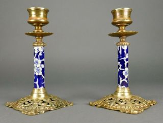 Fine Pair Antique Chinese Blue & White Porcelain Cast French Bronze Candlestick