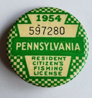 1954 Pa Pennsylvania Resident Fishing License Button Vintage Pin Pinback
