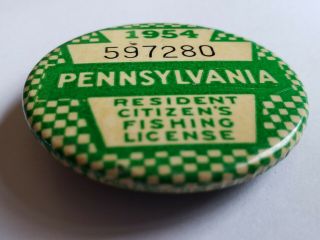 1954 PA Pennsylvania Resident Fishing License Button Vintage Pin pinback 2
