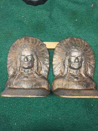 Antique Native American Indian Chief Cast Iron Bookends