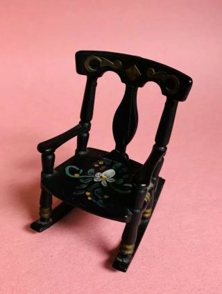 Vintage Renwal Dollhouse Rocking Chair No 65 Black Painted Flowers Furniture