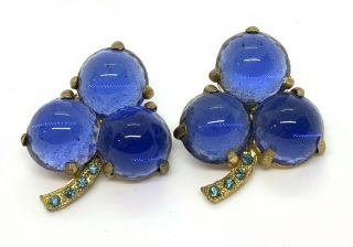 Lrg Vintage Gold Tone Blue Glass Berry Button Pair 1 1/4”