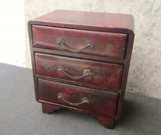Old Japanese Lacquered Miniature Wooden Chest Of Drawers