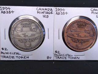 1994 Wildwood Alberta $1 Trade Token,  In Antique Brass & Silvered,  2 X Coin (s)