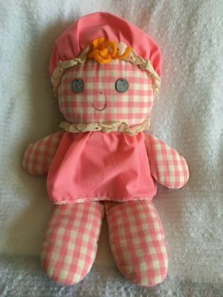 Vintage Fisher Price Lolly Dolly Rattle Baby Doll 420 Pink White Gingham 1975 2