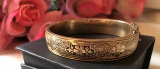 Antique Victorian Floral Scroll Gold Filled Hinged Bangle Bracelet W/ Safety