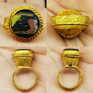Stunning Ancient Mosaic Glass Gold Gilding Ring 4