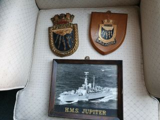 Vintage Hms Jupiter F60 Royal Navy Ship,  Signed Photo,  Tally & Plaques (ref A14)