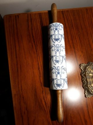 Antique Blue And White Stoneware Rolling Pin