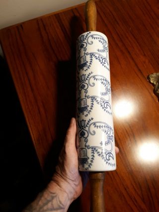 Antique Blue and White Stoneware Rolling Pin 2