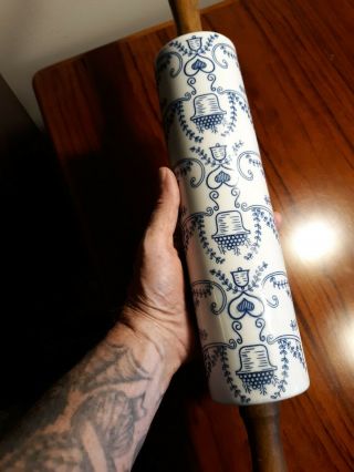 Antique Blue and White Stoneware Rolling Pin 5