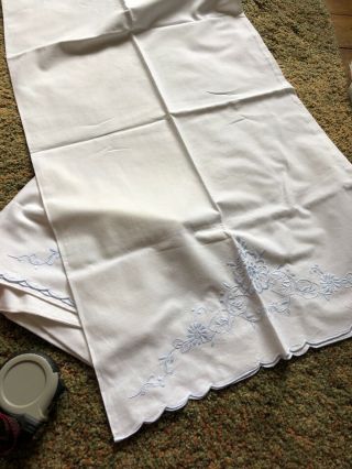 Vintage Pair White Pillowcases Embroidered In Blue 84x45 Cms Approx