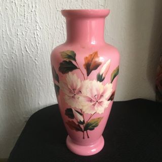 Antique Pink Opaline Glass Vase Hand Painted Enamel Flowers Victorian