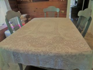 Vintage Quaker 76 " X 64 " Heavy Lace Tablecloth Antique White Floral - Needs Tlc