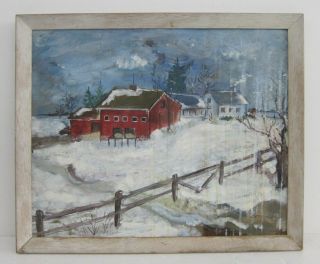 Antique Vtg Americana Winter Cabin Landscape Oil Painting Signed Bettinger 17x21