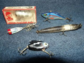 5 Vintage Fishing Lures Heddon Tiny Crazy Crawler,  Sonic Manns Prop Torpedo More
