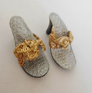 Vintage Gold Elastic Strap High Heels Shoes For 10 " Fashion Doll Jill Etc.