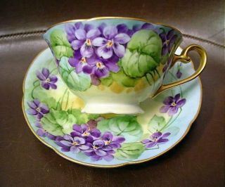 Lovely Antique Hand Painted Cup & Saucer W/ Purple Violets Artist Sgd C Koenig
