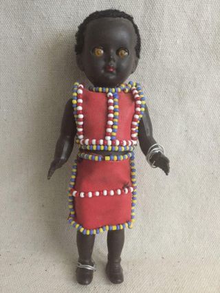 Vintage 7 " Vinyl African Girl Doll Sleep Eyes Red Dress Trimmed Multicolor Beads