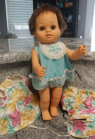 Vintage Mattel Brunette Tiny Chatty Baby & Clothes - Mute