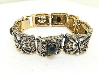 Unsigned Bracelet Selro Selini Black Glass Cabs Pearls Antique Gold Figural