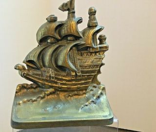 Antique Bronze SHIP Bookends Nautical Ship Sea Sailing Boat,  Cross Pattee Flags 2