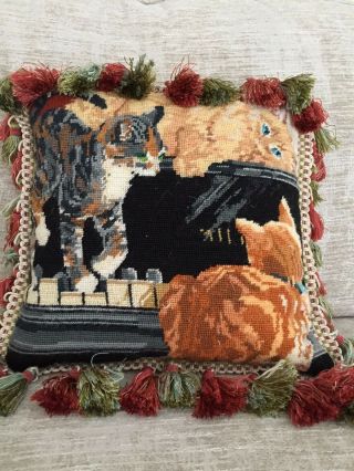 Vintage Needlepoint Pillow Cats On Top Of Piano Down Filled Cushion -