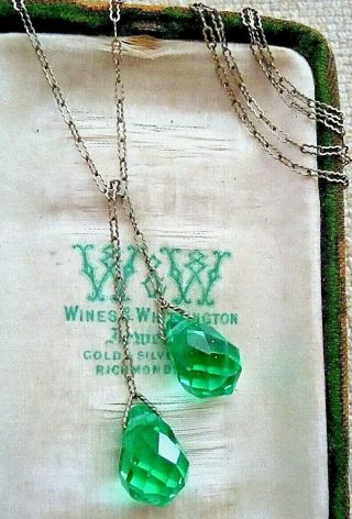 Antique Art Deco Green Crystal Double Drop Lariat Paper Clip Chain Necklace