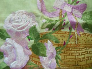 Vintage Basket Of Pink Roses Silk Embroidered Pillow Cover 17 By 20