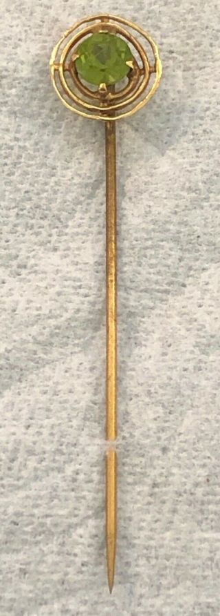 14k Gold Antique Art Deco Peridot Hatpin Stickpin Lapel Cravat Estate Gemstone