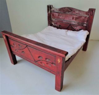 Antique 1900s Victorian Doll Bed Red Carved Wood For French Or German Byelo Baby