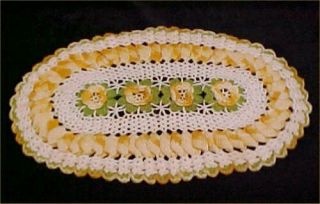 Vintage Antique Hand Crocheted Lace Doily Tablecloth Cabbage Roses Yellow Oval