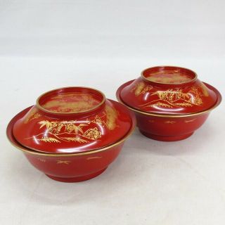 A349: Japanese Lacquer Ware Covered Large Bowls " Ume - Wan " With Chinkin.
