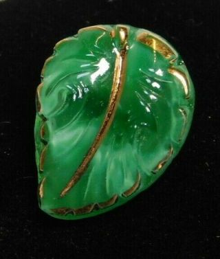 Antique Vtg BUTTON Green & Gold Realistic MOONGLOW Glass Leaf 9/16 M 2