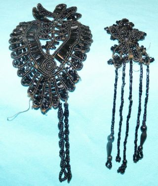 2 Pc Antique Victorian French Jet Beaded Flower Trim For Mourning Clothing 1890s