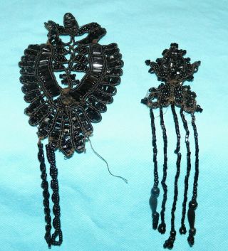 2 pc Antique VICTORIAN FRENCH Jet Beaded FLOWER TRIM For Mourning Clothing 1890s 5