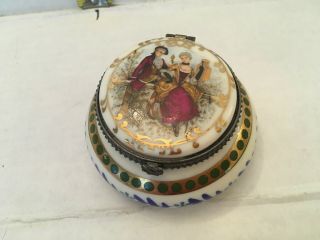 Vintage Limoges Hand Painted Domed Trinket Box - Porcelain - Victorian Scene