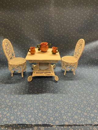 White Wicker Look Metal Vintage Dollhouse Furniture Outdoor Table And Chairs