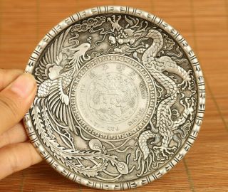 Chinese Old Copper Handcarved Dragon Phoenix Statue Coin Plate Saucer Decoration