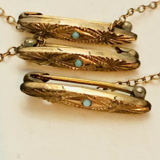 Antique Rose Gold Filled Turquoise 3 Chain Linked Baby Bib Chain Pins Set C 1890