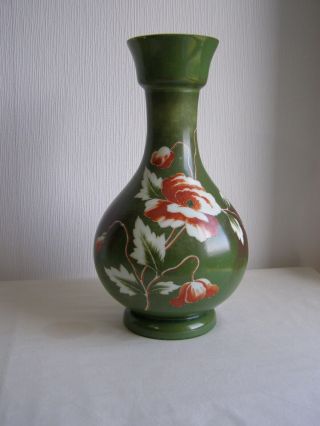 Large Antique Milk Glass Hyacinth Vase Hand Painted With Poppies On Green Ground