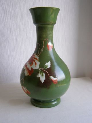 Large antique milk glass hyacinth vase hand painted with poppies on green ground 2