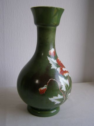 Large antique milk glass hyacinth vase hand painted with poppies on green ground 4