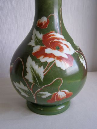 Large antique milk glass hyacinth vase hand painted with poppies on green ground 5