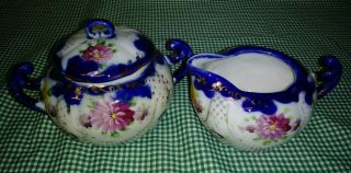 Antique Nippon Hp Cobalt Blue Creamer & Sugar Bowl,  Lid Pink Yellow Floral Gold