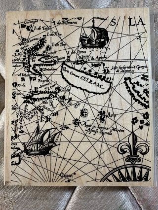 Stampin Up Old World Map Rubber Stamp - X Lg Background - Antique Map With Ships