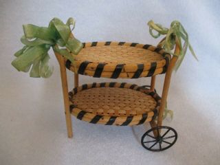 Vintage 4 " Dollhouse Woven Wicker Tea Cart Metal Wheels,  Old Ribbons
