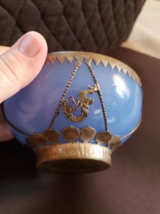 Antique Chinese Metal Overlay Dragon Phoenix Blue Peking Glass Bowl