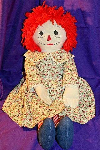 Vintage Handmade Raggedy Ann Doll Large 27 " Tall Estate Find Floral Dress P1
