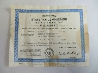 Vintage State Of Iowa Retail Sales Tax Permit 1954